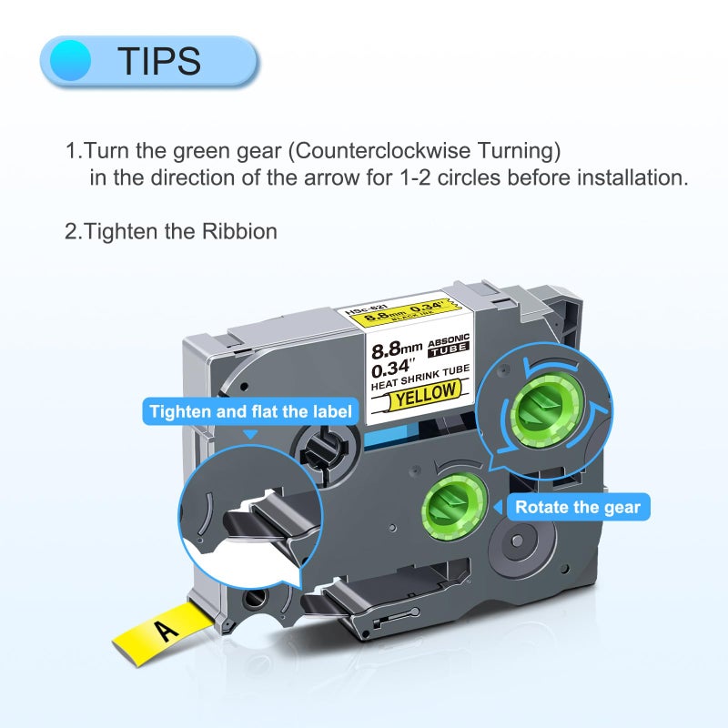 Absonic 3-Pack Compatible Hse Label Tape Replacement for Hse-621 Hse621 HS621 Heat Shrink Tube 8.8mm 3/8" Black on Yellow Tape for PT-E300 PT-H300 PT-E500 PTE550W PT-P750WVP PTE800W - Image 3
